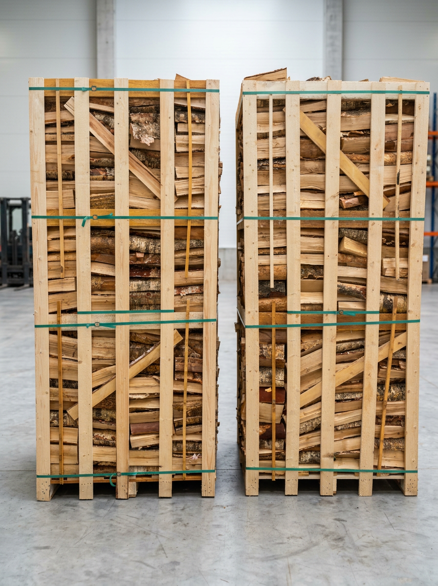 Wooden crate filled with stacked kiln-dried firewood